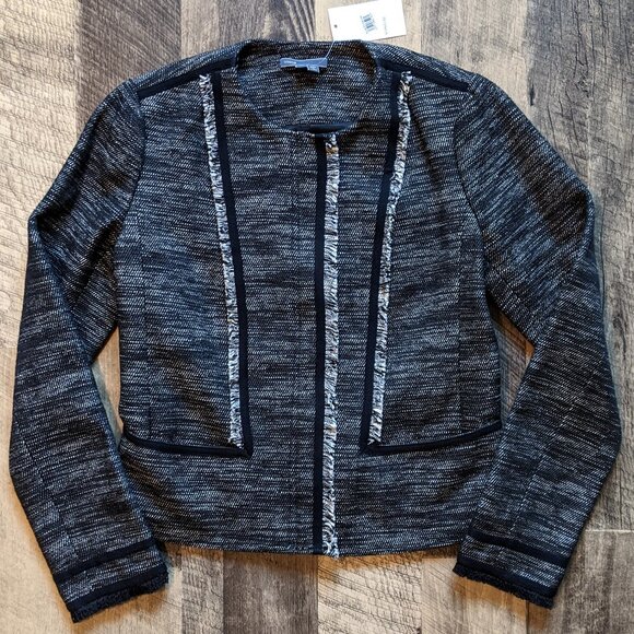 Vince Fringe-Trim Boucle Jacket Blazer Zip-Front Heathered Black - Picture 2 of 8